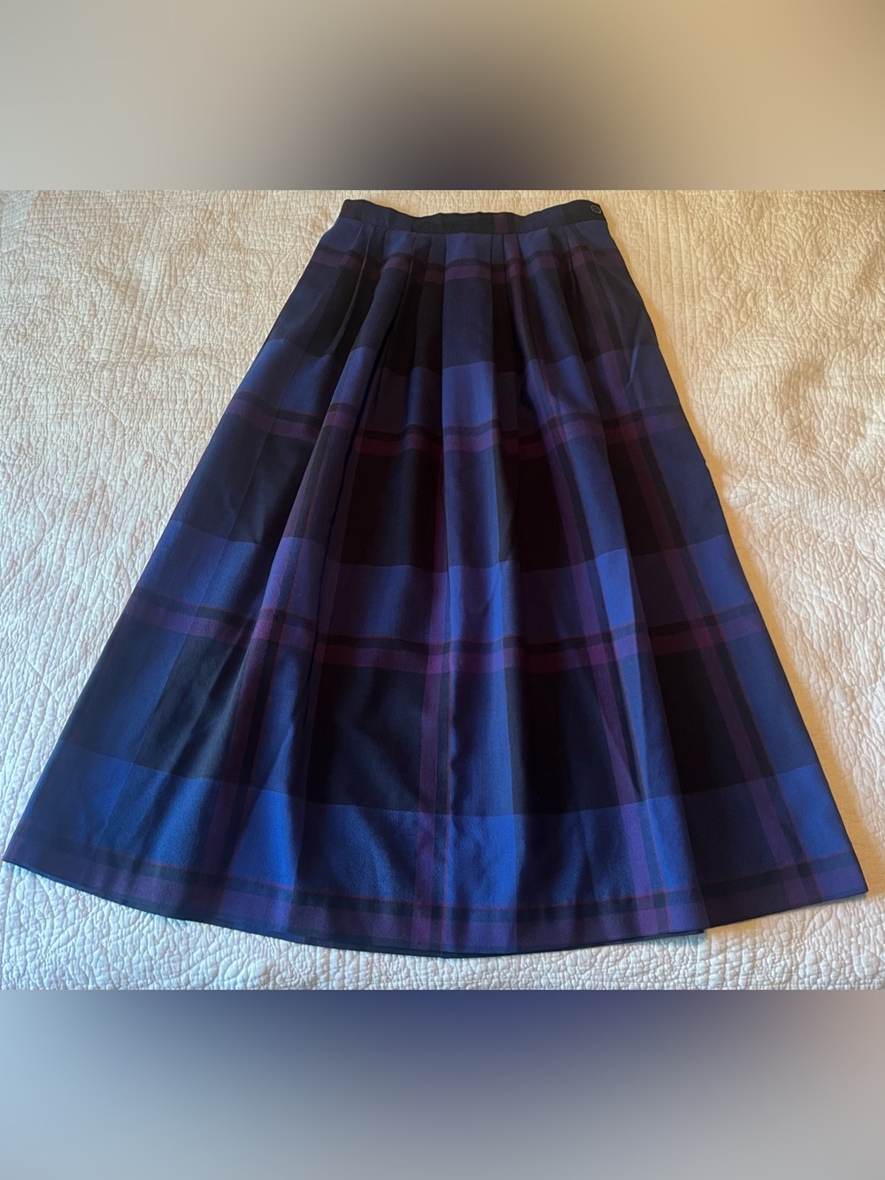 Vintage 100% Wool Maxi Pleated Plaid Skirt - Navy & Purple size 10